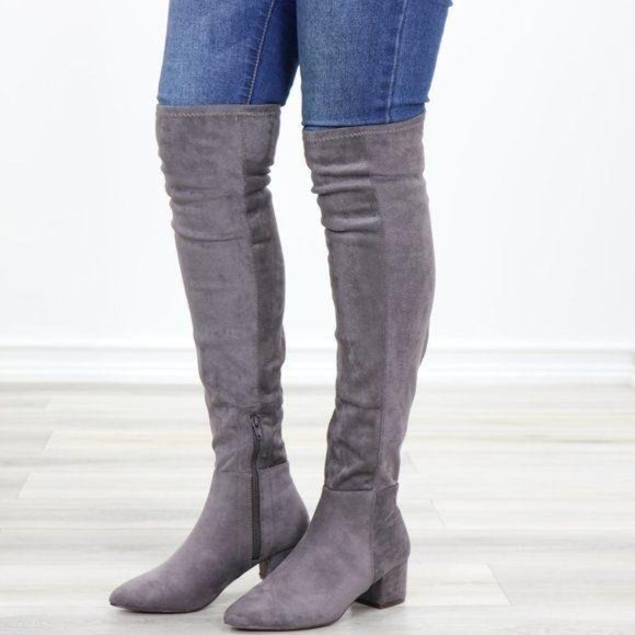 Pointy Toe Over The Knee Gray Boots Faux Suede - Picture 10 of 12